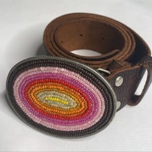 Beaded buckle western boho leather brown belt 39 inches long